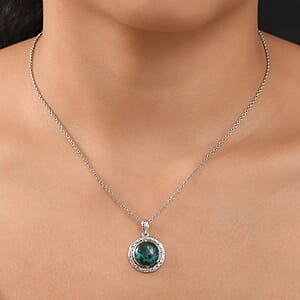 EverTrue Chrysocolla 8.70 ctw Texture Pendant in Platinum Bond with Stainless Steel Necklace 20 Inches