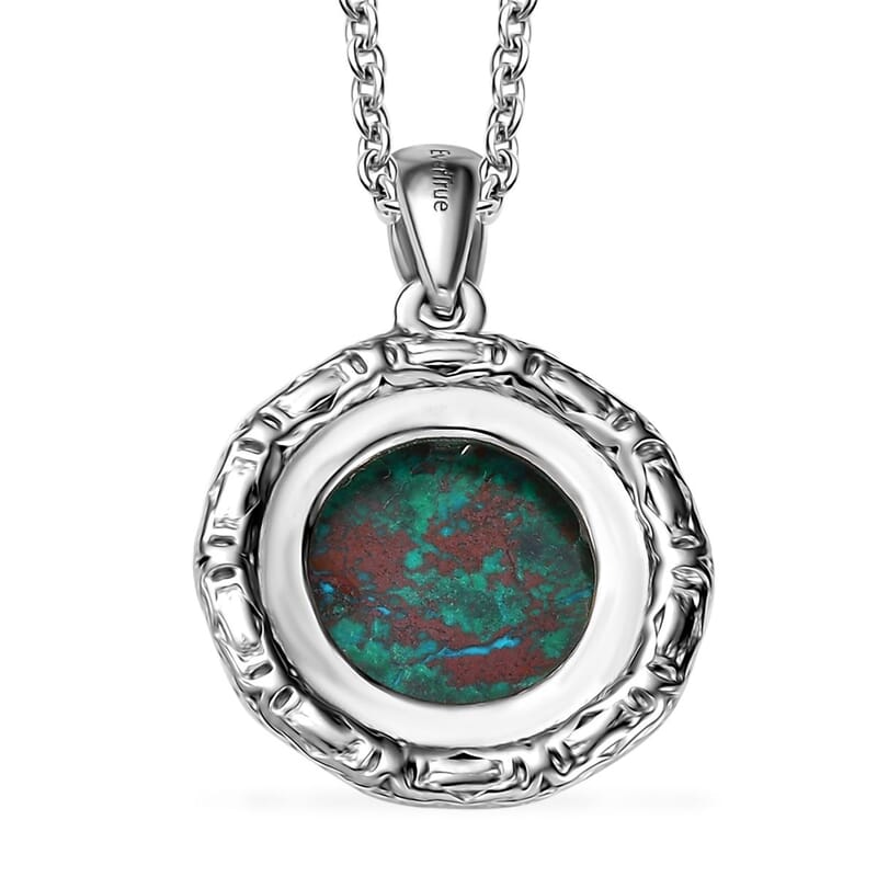 EverTrue Chrysocolla 8.70 ctw Texture Pendant in Platinum Bond with Stainless Steel Necklace 20 Inches