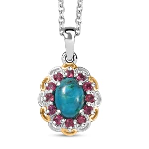 D'Joy Chrysocolla and Orissa Rose Garnet 2.10 ctw vPendant Necklace in 14K YG and Platinum Over Sterling Silver 20 Inches