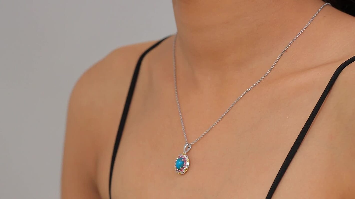 D'Joy Chrysocolla and Orissa Rose Garnet 2.10 ctw Pendant Necklace in 14K YG and Platinum Over Sterling Silver 20 Inches