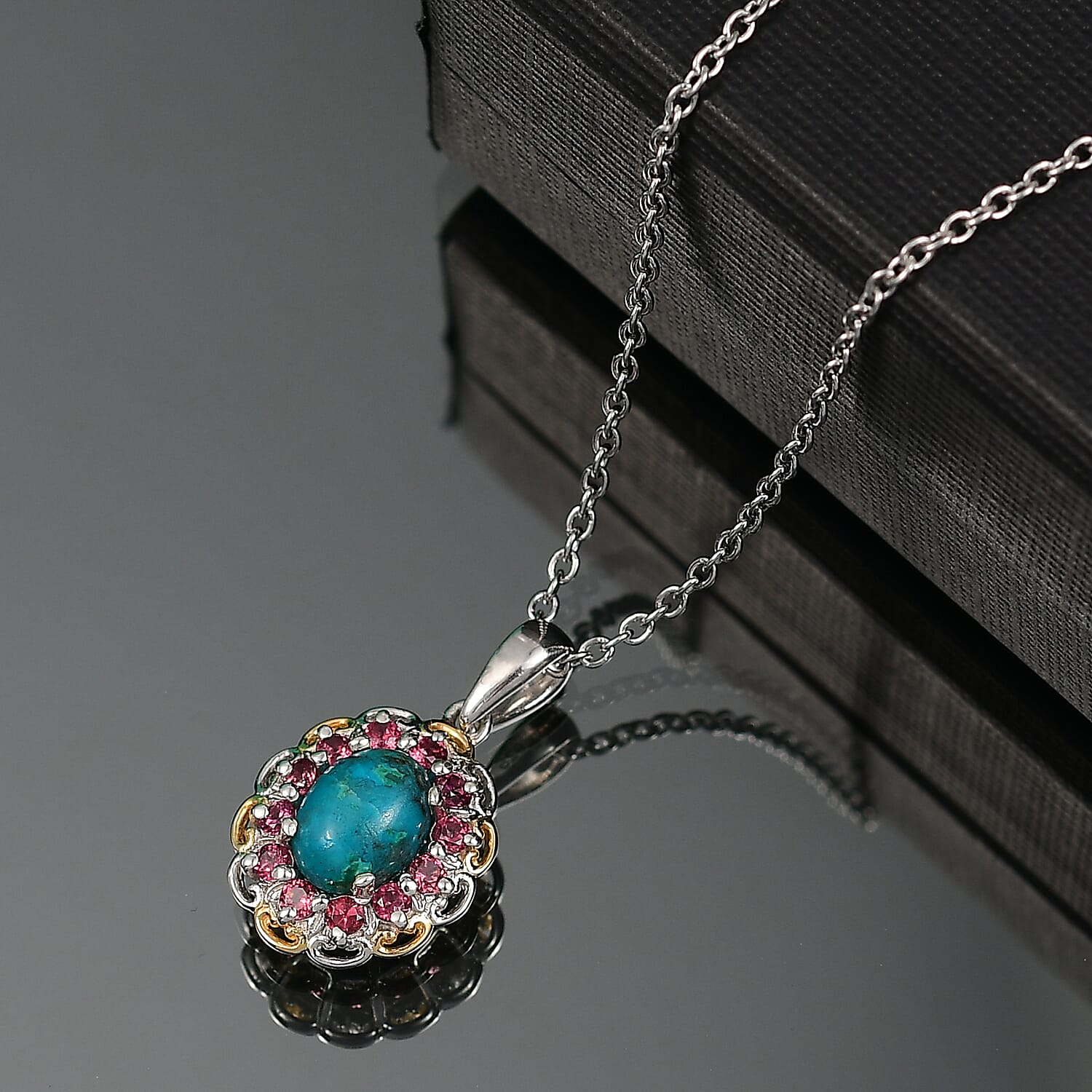 D'Joy Chrysocolla and Orissa Rose Garnet 2.10 ctw Pendant Necklace in 14K YG and Platinum Over Sterling Silver 20 Inches