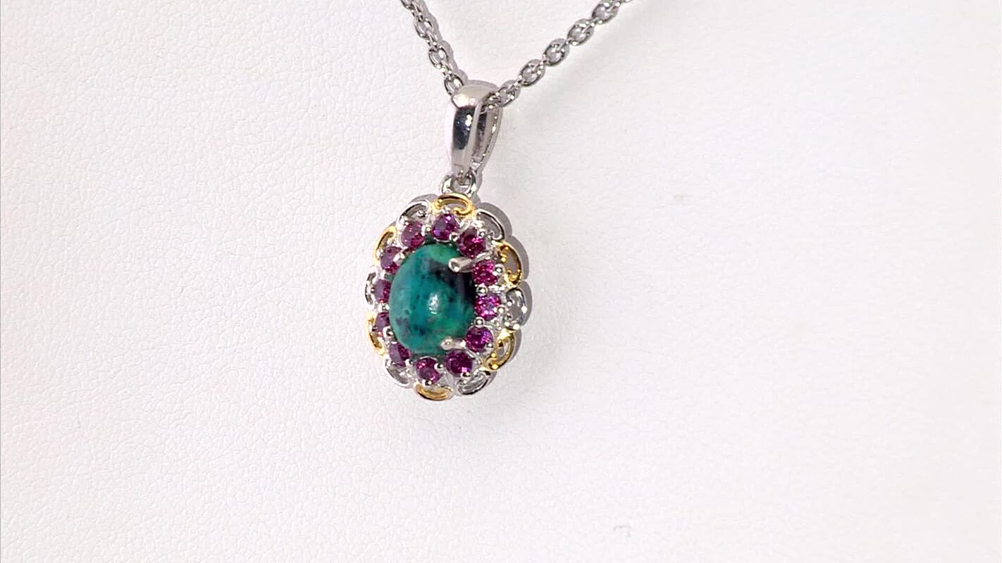 D'Joy Chrysocolla and Orissa Rose Garnet 2.10 ctw Pendant Necklace in 14K YG and Platinum Over Sterling Silver 20 Inches