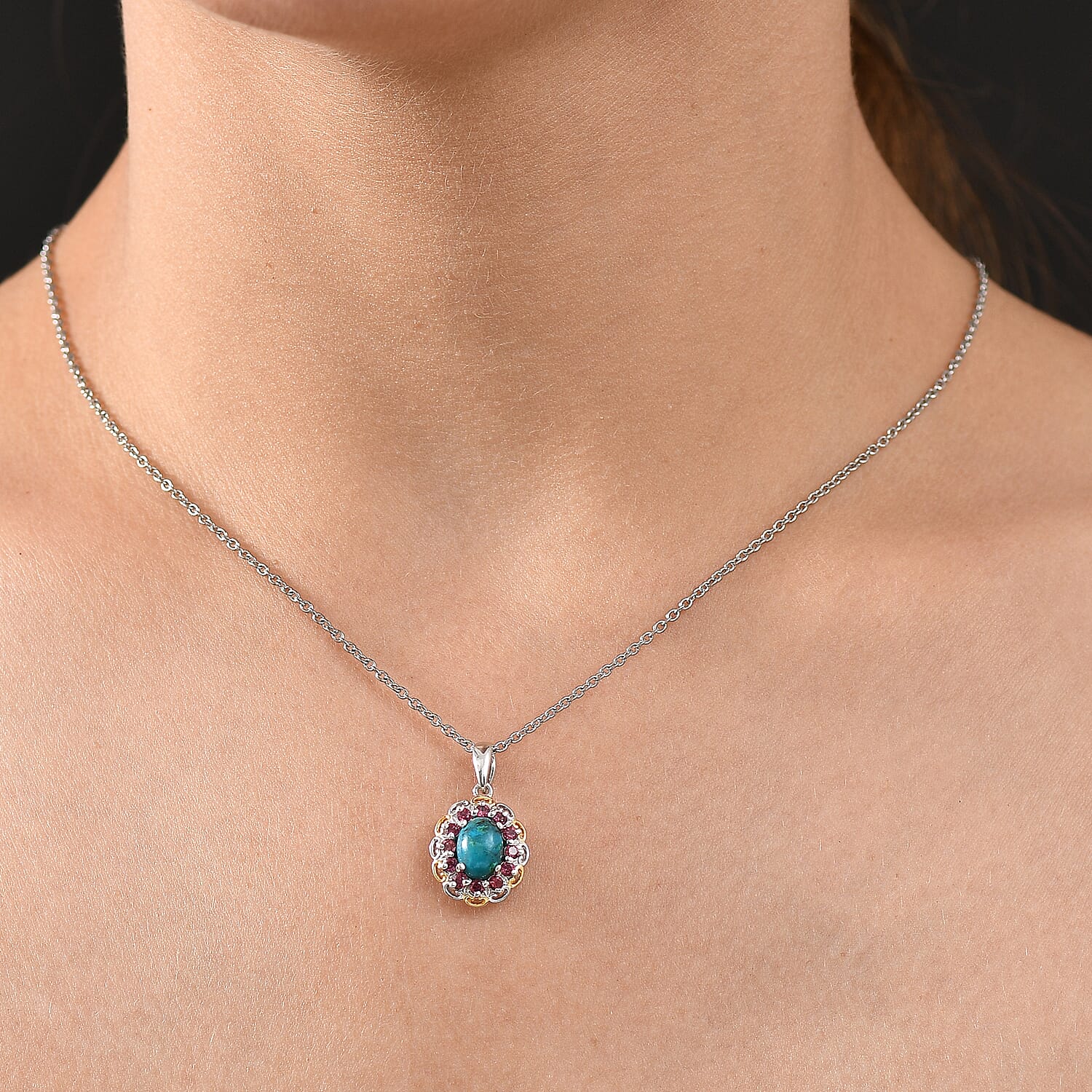 D'Joy Chrysocolla and Orissa Rose Garnet 2.10 ctw Pendant Necklace in 14K YG and Platinum Over Sterling Silver 20 Inches