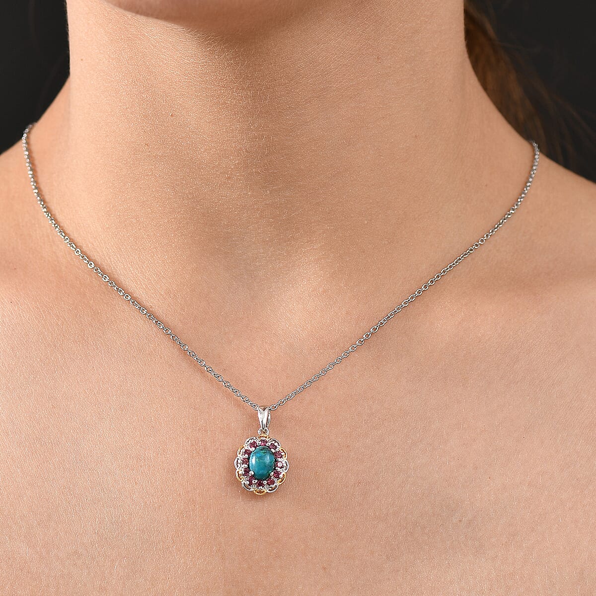 D'Joy Chrysocolla and Orissa Rose Garnet 2.10 ctw vPendant Necklace in 14K YG and Platinum Over Sterling Silver 20 Inches image number 2