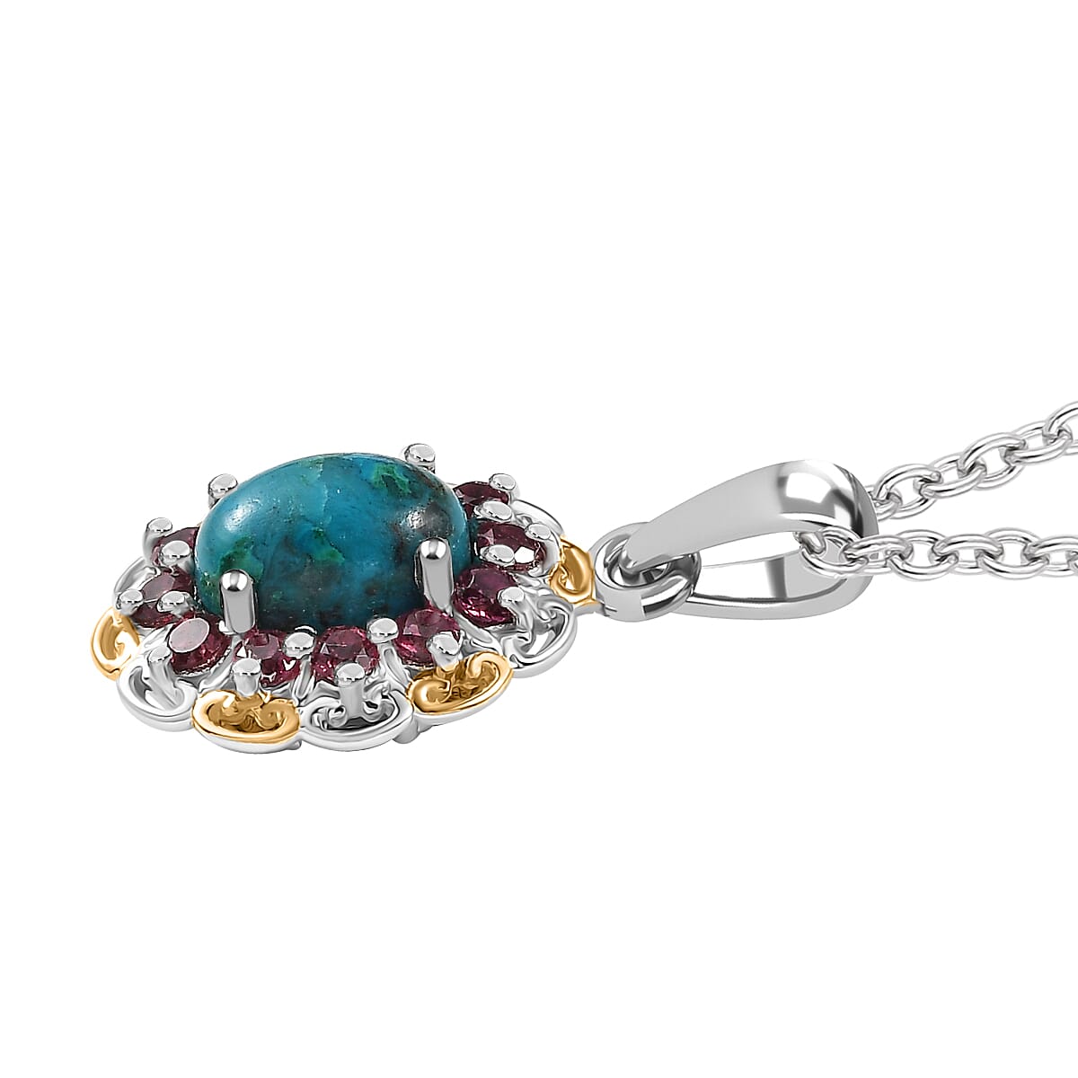 D'Joy Chrysocolla and Orissa Rose Garnet 2.10 ctw Pendant Necklace in 14K YG and Platinum Over Sterling Silver 20 Inches