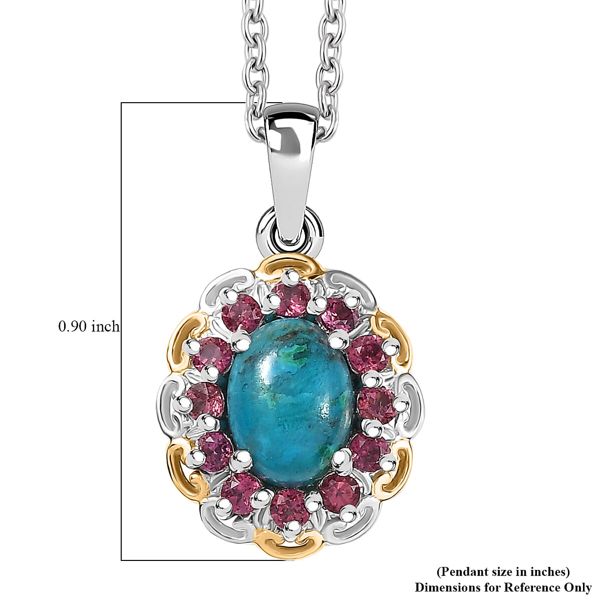 D'Joy Chrysocolla and Orissa Rose Garnet 2.10 ctw Pendant Necklace in 14K YG and Platinum Over Sterling Silver 20 Inches
