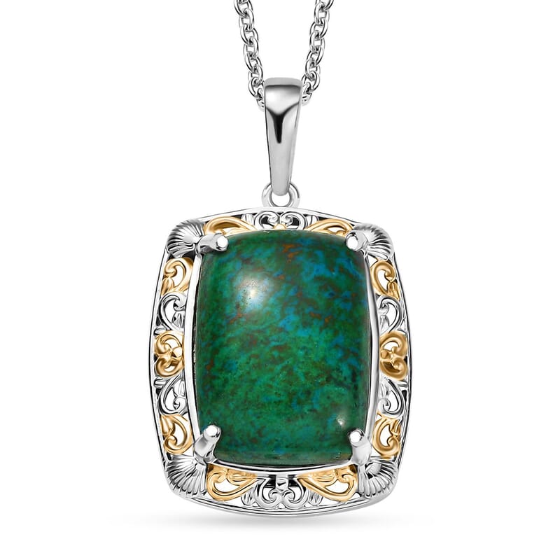 EverTrue Chrysocolla 16.75 ctw Seashell Pendant in 18K YG Plated and Platinum Bond with Stainless Steel Necklace 20 Inches