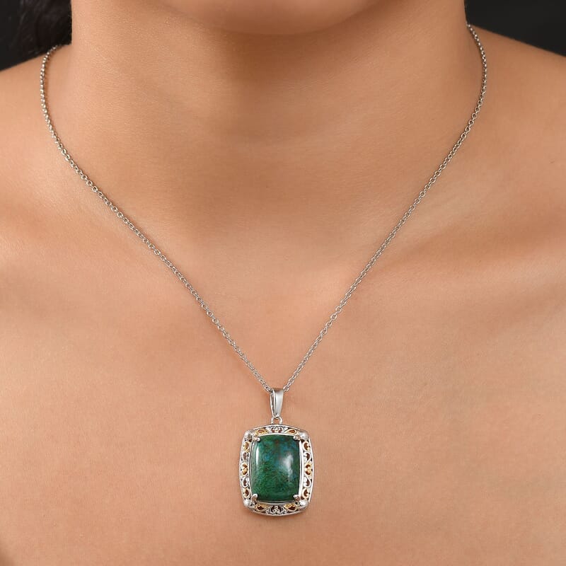 EverTrue Chrysocolla 16.75 ctw Seashell Pendant in 18K YG Plated and Platinum Bond with Stainless Steel Necklace 20 Inches