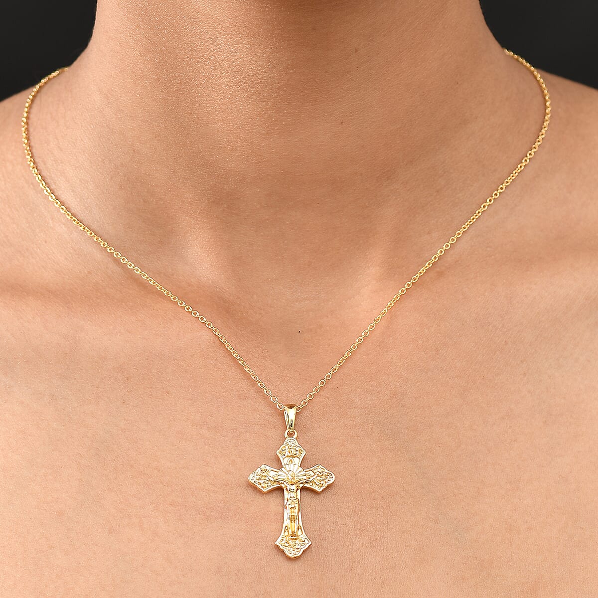 EverTrue Bronzella Collection Jesus Cross Pendant in 18K YG Plated Bronze with ION Plated YG Stainless Steel Necklace (20 Inches) image number 2