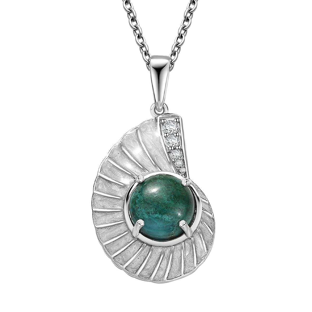 D'Joy Chrysocolla and White Zircon 3.60 ctw Sea Shell Pendant in Platinum Over Sterling Silver with Stainless Steel Necklace 20 Inches image number 0