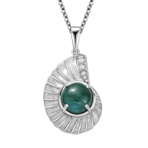 D'Joy Chrysocolla and White Zircon 3.60 ctw Sea Shell Pendant in Platinum Over Sterling Silver with Stainless Steel Necklace 20 Inches