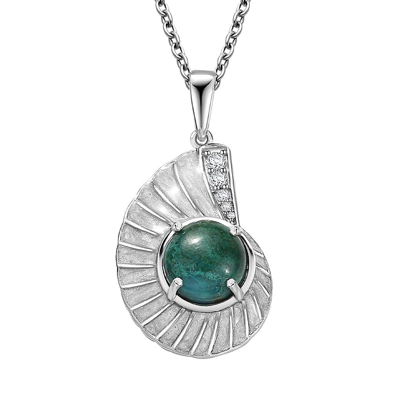 D'Joy Chrysocolla and White Zircon 3.60 ctw Sea Shell Pendant in Platinum Over Sterling Silver with Stainless Steel Necklace 20 Inches
