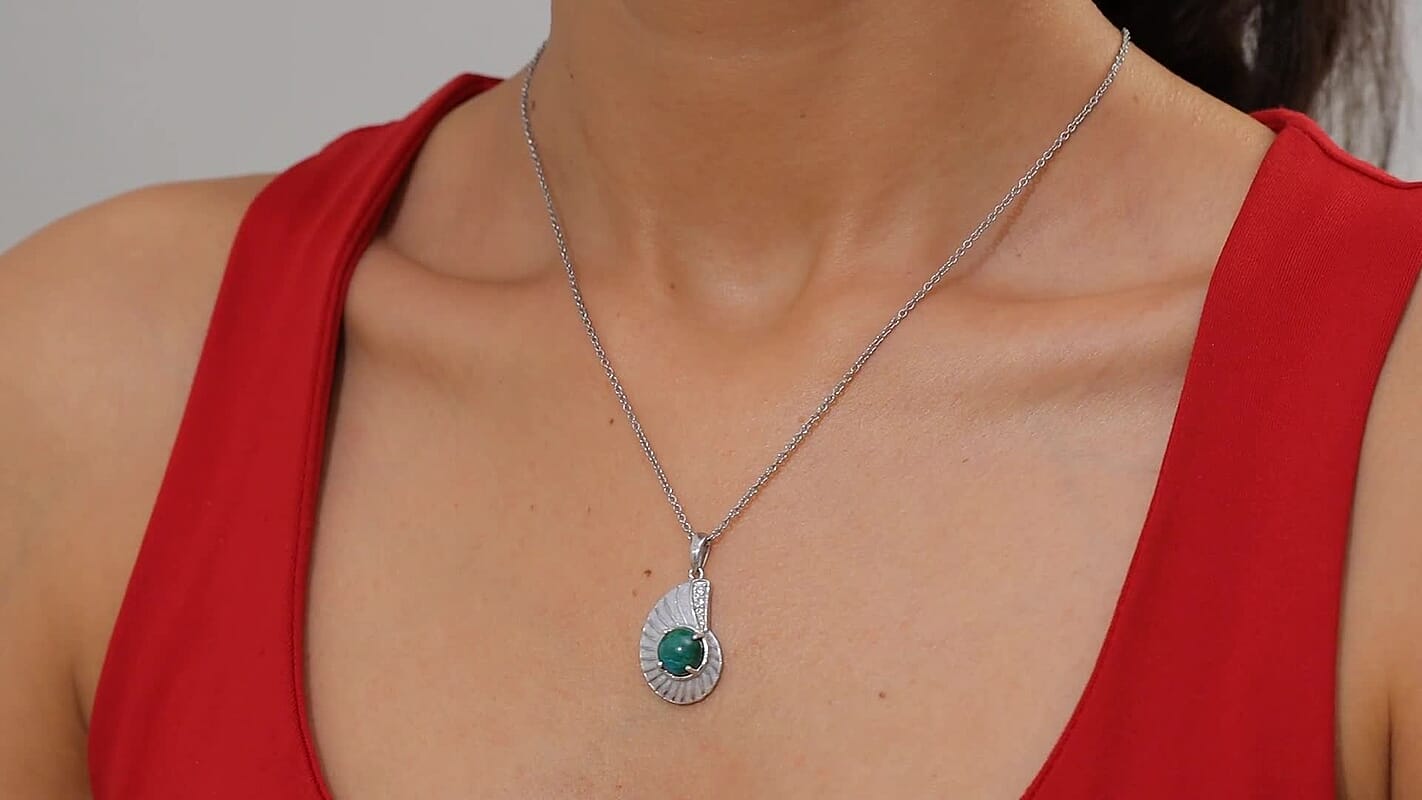 D'Joy Chrysocolla and White Zircon 3.60 ctw Sea Shell Pendant in Platinum Over Sterling Silver with Stainless Steel Necklace 20 Inches