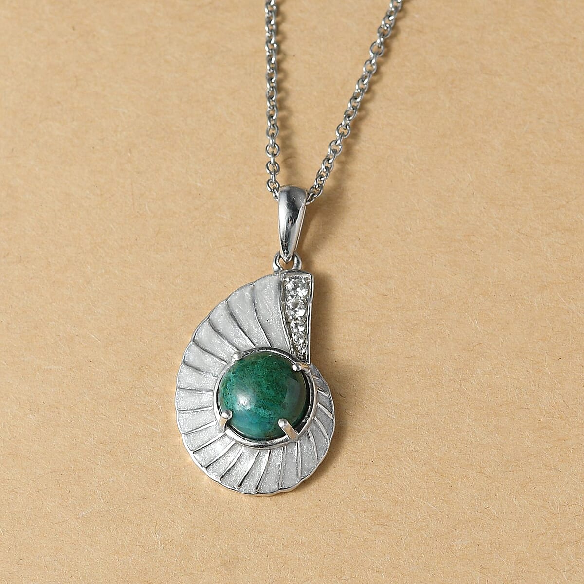 D'Joy Chrysocolla and White Zircon 3.60 ctw Sea Shell Pendant in Platinum Over Sterling Silver with Stainless Steel Necklace 20 Inches image number 1