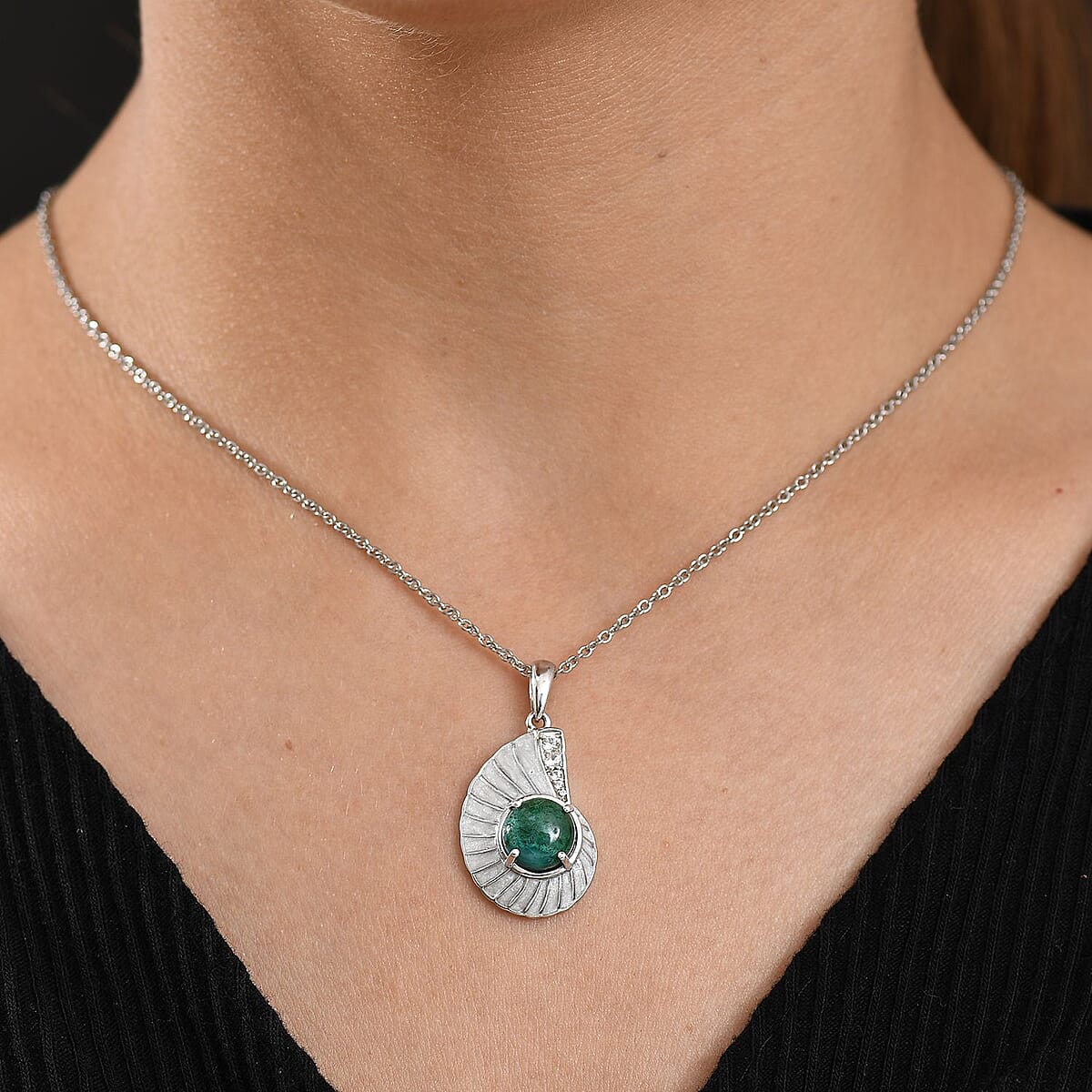 D'Joy Chrysocolla and White Zircon 3.60 ctw Sea Shell Pendant in Platinum Over Sterling Silver with Stainless Steel Necklace 20 Inches image number 2