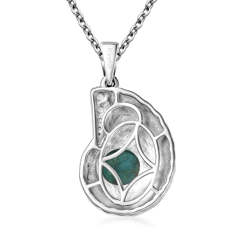 D'Joy Chrysocolla and White Zircon 3.60 ctw Sea Shell Pendant in Platinum Over Sterling Silver with Stainless Steel Necklace 20 Inches