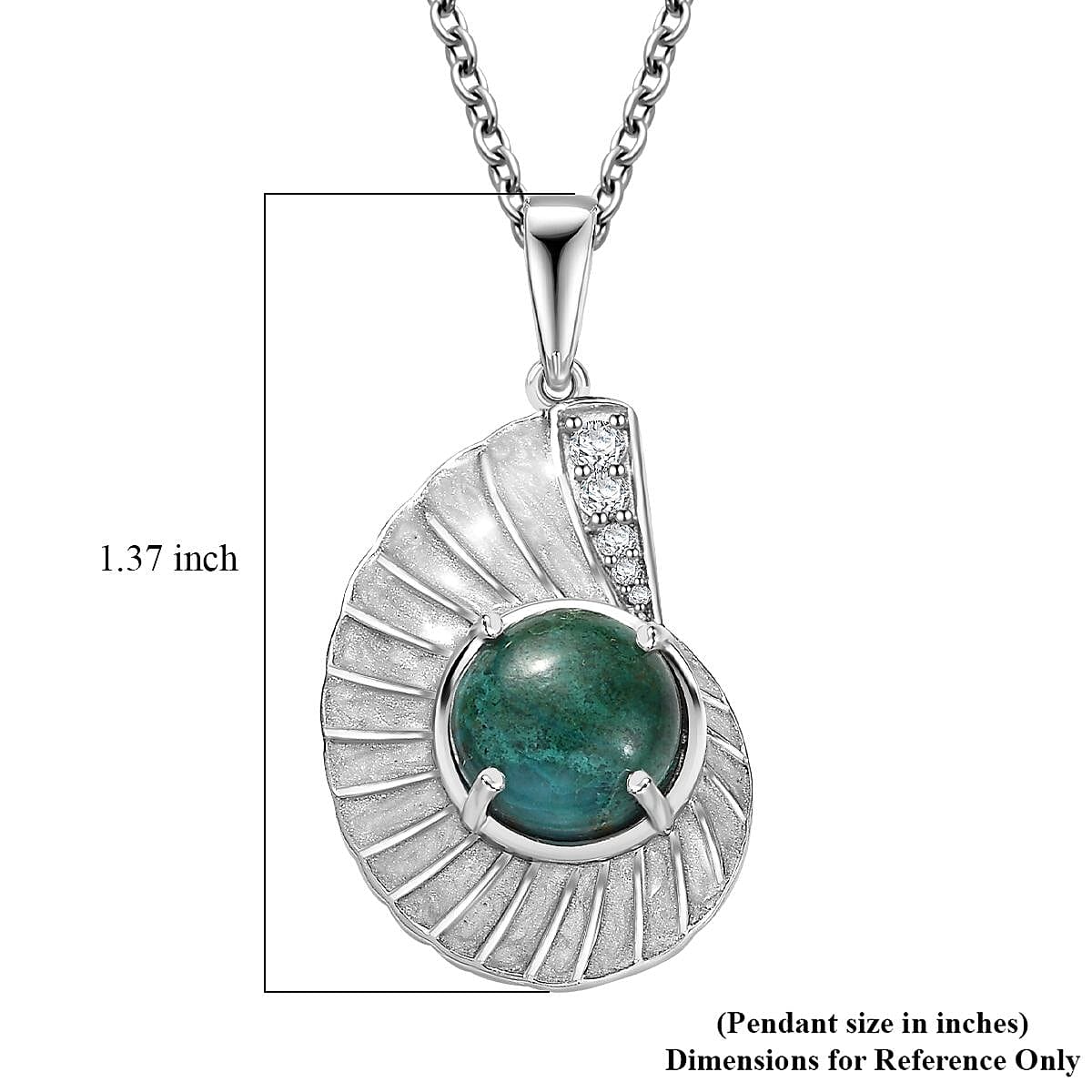 D'Joy Chrysocolla and White Zircon 3.60 ctw Sea Shell Pendant in Platinum Over Sterling Silver with Stainless Steel Necklace 20 Inches image number 5