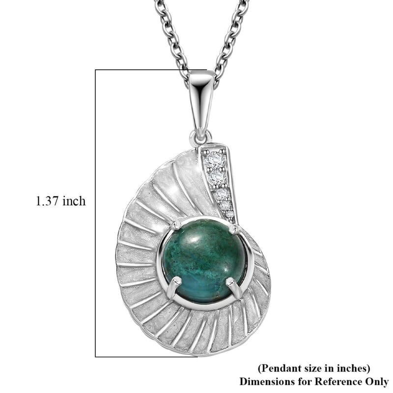 D'Joy Chrysocolla and White Zircon 3.60 ctw Sea Shell Pendant in Platinum Over Sterling Silver with Stainless Steel Necklace 20 Inches