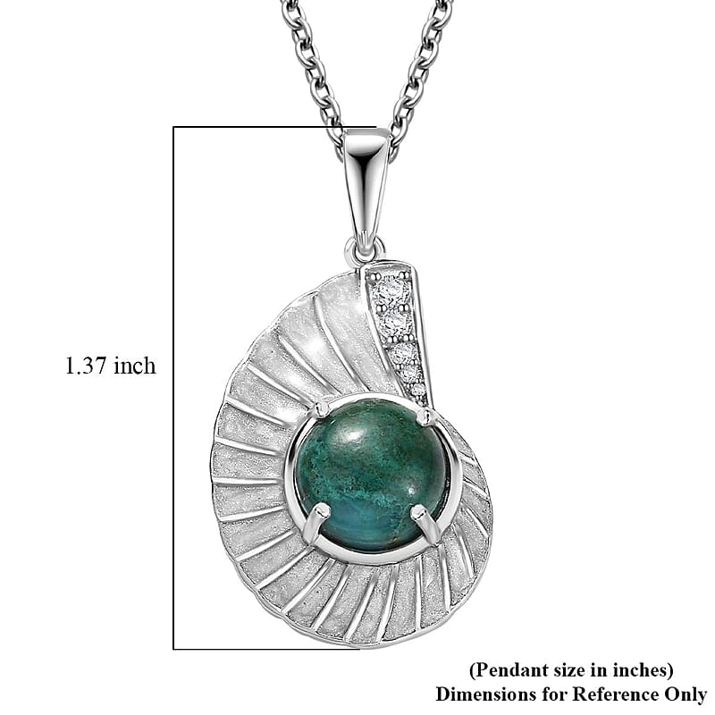 D'Joy Chrysocolla and White Zircon 3.60 ctw Sea Shell Pendant in Platinum Over Sterling Silver with Stainless Steel Necklace 20 Inches