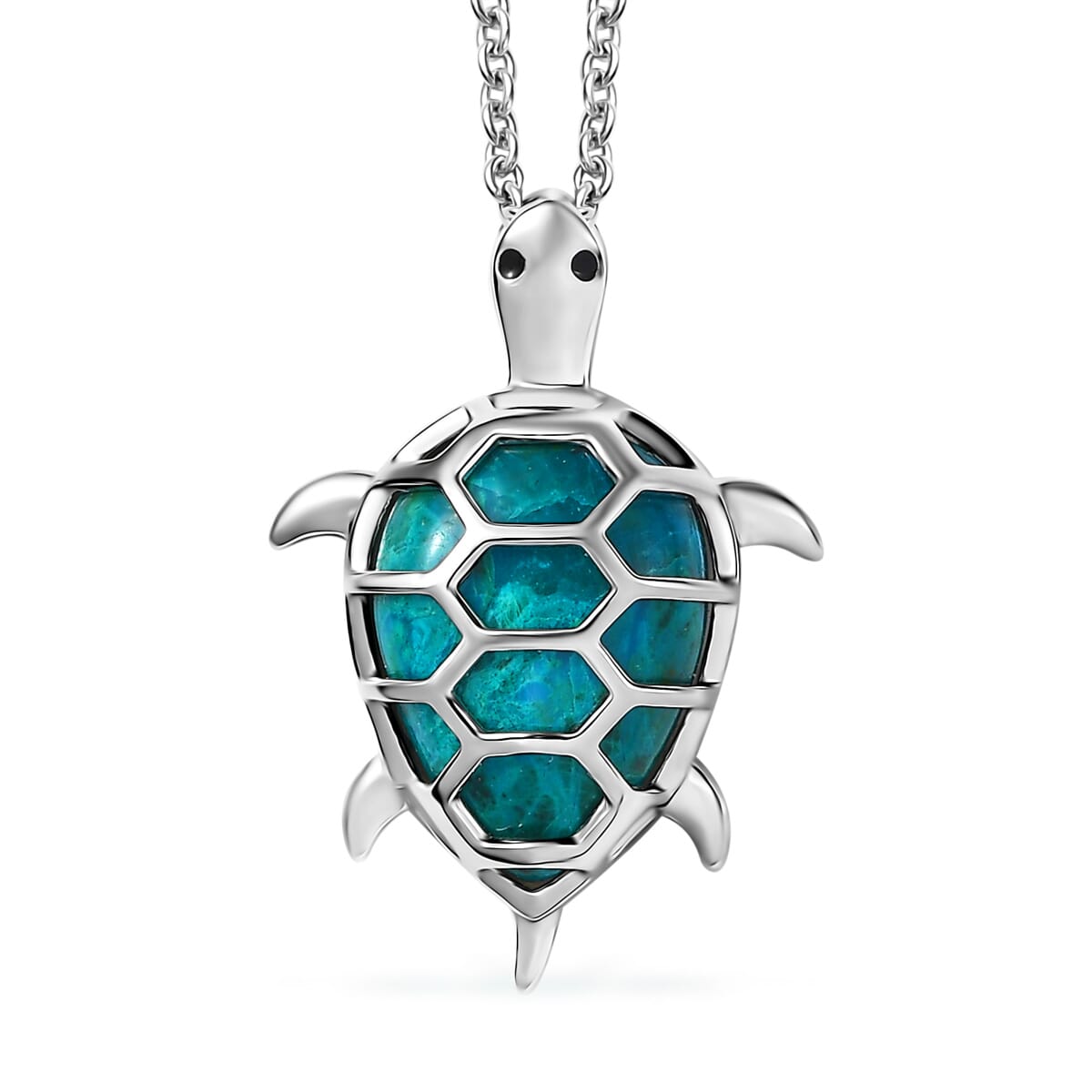 D'Joy Chrysocolla and White Zircon 6.50 ctw Turtle Pendant in Platinum Over Sterling Silver with Stainless Steel Necklace 20 Inches image number 0
