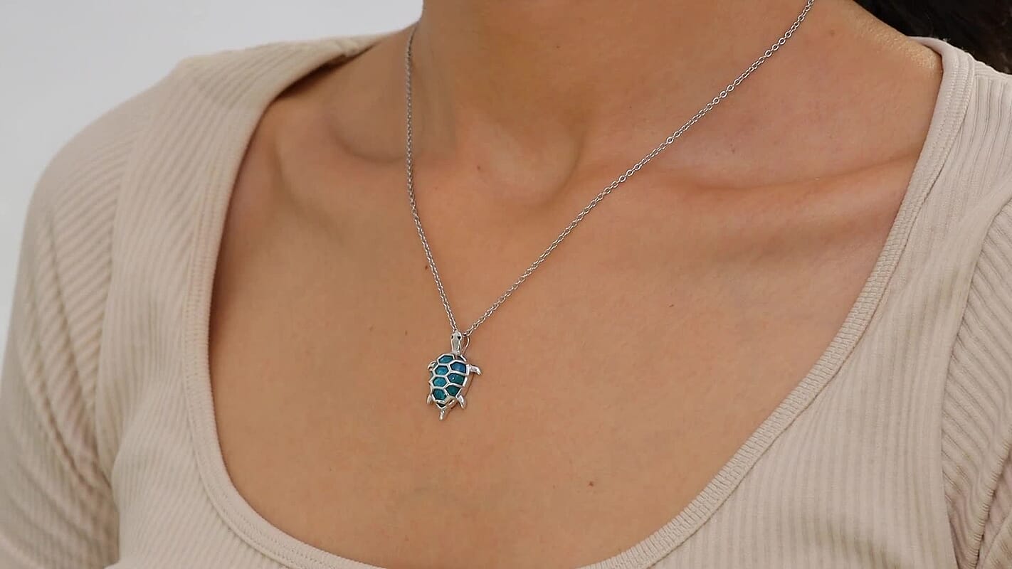 D'Joy Chrysocolla and White Zircon 6.50 ctw Turtle Pendant in Platinum Over Sterling Silver with Stainless Steel Necklace 20 Inches