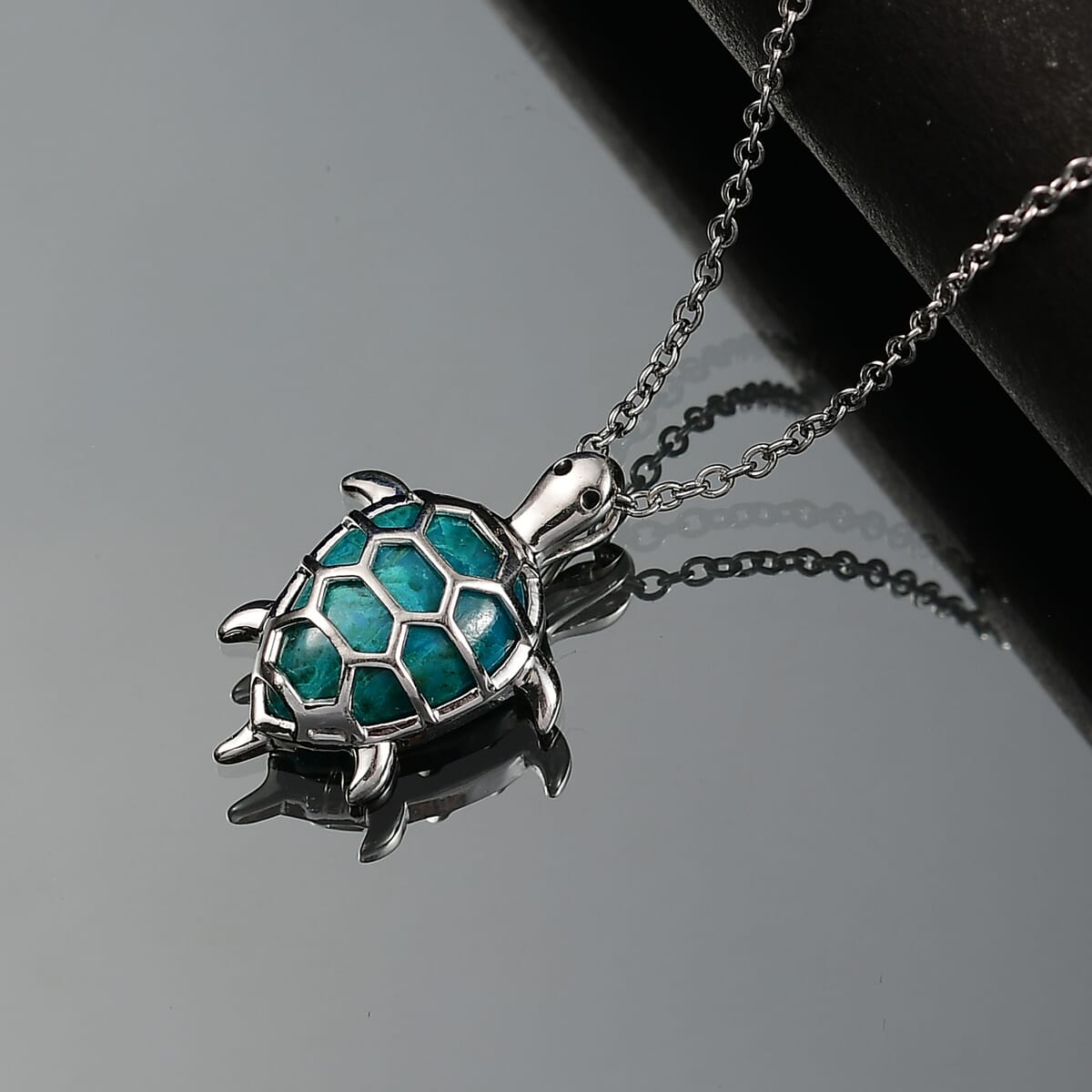 D'Joy Chrysocolla and White Zircon 6.50 ctw Turtle Pendant in Platinum Over Sterling Silver with Stainless Steel Necklace 20 Inches image number 1