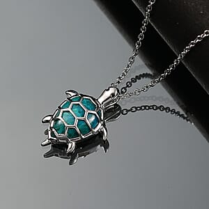 D'Joy Chrysocolla and White Zircon 6.50 ctw Turtle Pendant in Platinum Over Sterling Silver with Stainless Steel Necklace 20 Inches