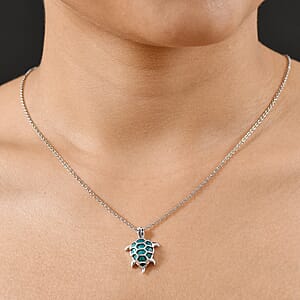 D'Joy Chrysocolla and White Zircon 6.50 ctw Turtle Pendant in Platinum Over Sterling Silver with Stainless Steel Necklace 20 Inches