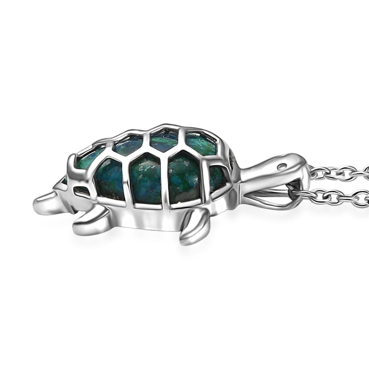 D'Joy Chrysocolla and White Zircon 6.50 ctw Turtle Pendant in Platinum Over Sterling Silver with Stainless Steel Necklace 20 Inches image number 3