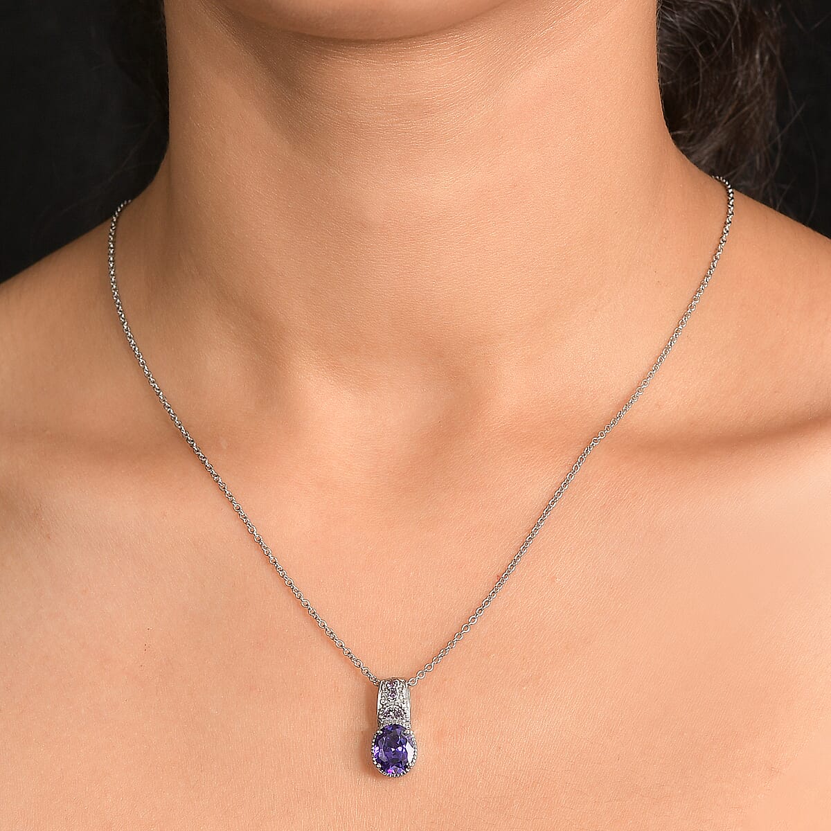 Simulated Tanzanite and Blue Color Diamond 4.80 ctw Pendant Necklace in Stainless Steel 20 Inches image number 2
