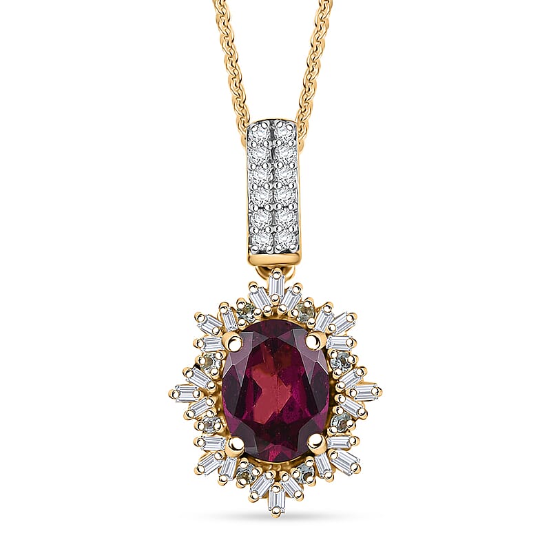 D'Joy Premium Radiant Ember Garnet, Paraiba Tourmaline and Diamond 2.00 ctw Sunray Pendant Necklace in 18K Vermeil Yellow Gold Over Sterling Silver 20 Inches