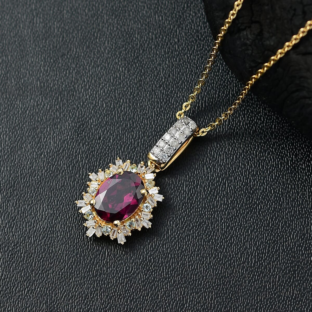 D'Joy Premium Radiant Ember Garnet, Paraiba Tourmaline and Diamond 2.00 ctw Sunray Pendant Necklace in 18K Vermeil Yellow Gold Over Sterling Silver 20 Inches image number 1