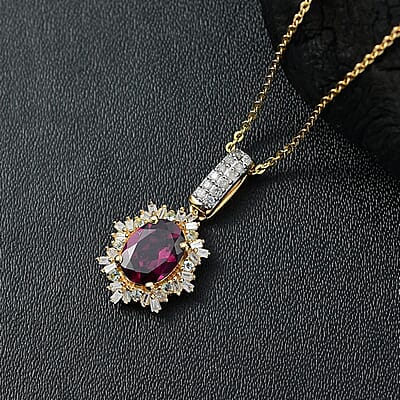 D'Joy Premium Radiant Ember Garnet, Paraiba Tourmaline and Diamond 2.00 ctw Sunray Pendant Necklace in 18K Vermeil Yellow Gold Over Sterling Silver 20 Inches