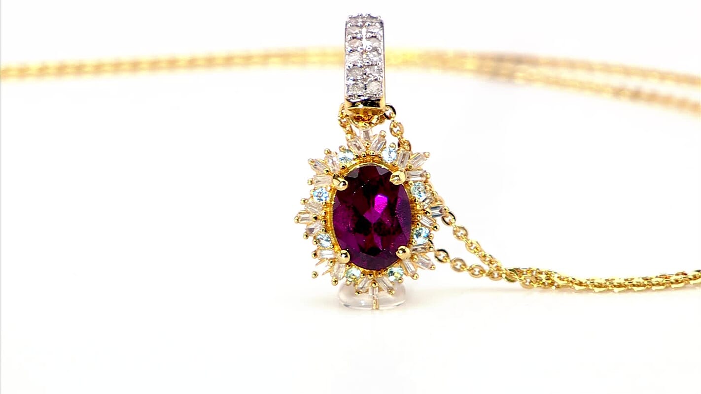 D'Joy Premium Radiant Ember Garnet, Paraiba Tourmaline and Diamond 2.00 ctw Sunray Pendant Necklace in 18K Vermeil Yellow Gold Over Sterling Silver 20 Inches