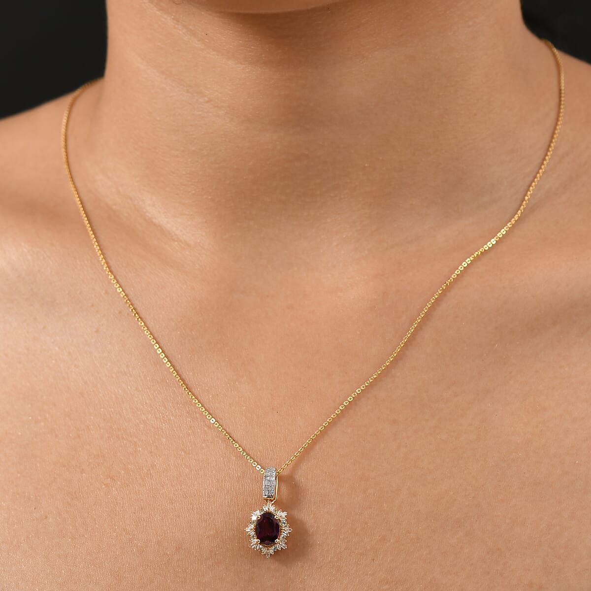 D'Joy Premium Radiant Ember Garnet, Paraiba Tourmaline and Diamond 2.00 ctw Sunray Pendant Necklace in 18K Vermeil Yellow Gold Over Sterling Silver 20 Inches image number 2