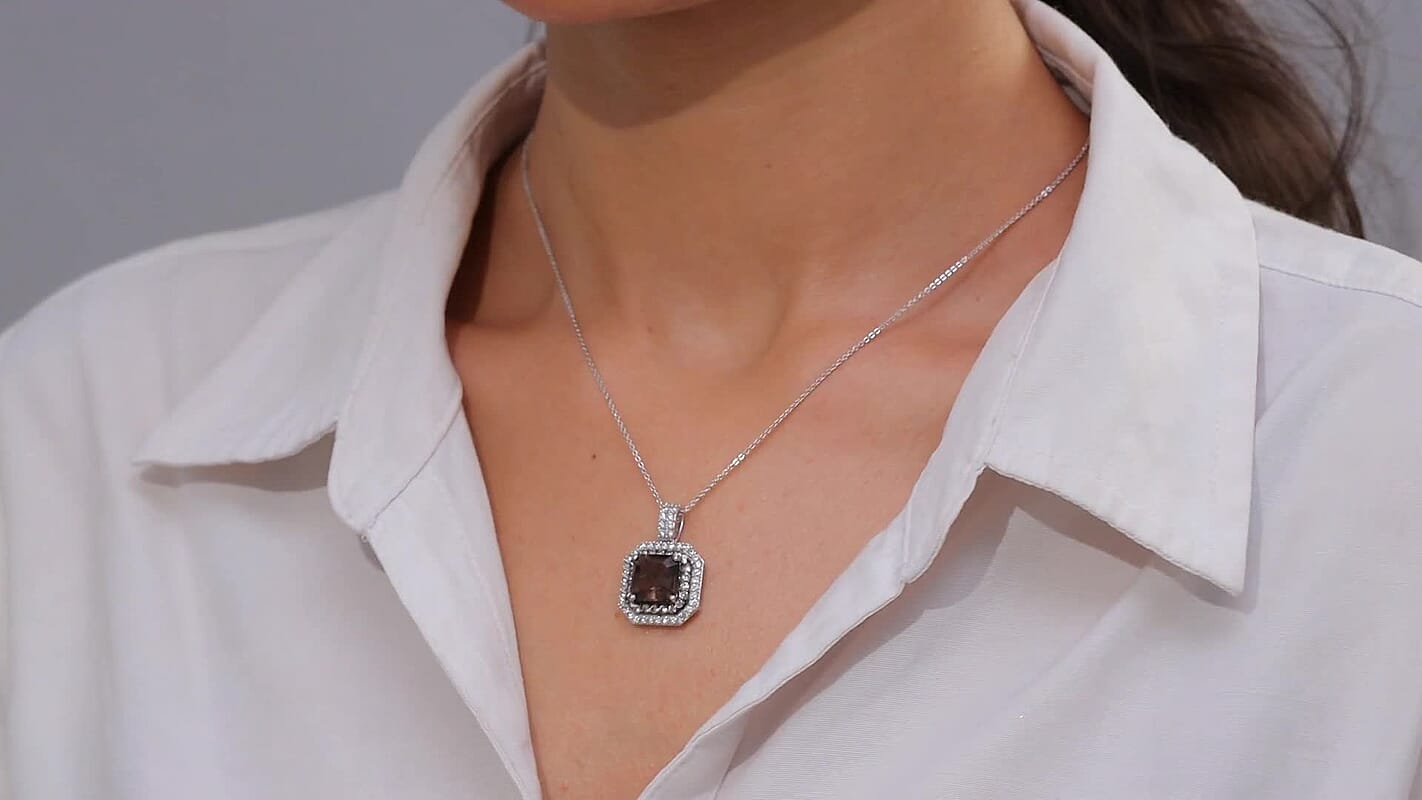 D'Joy Asscher Cut Columbianite and Multi Gemstone 5.70 ctw Art Deco Pendant Necklace 20 Inches in Rhodium Over Sterling Silver