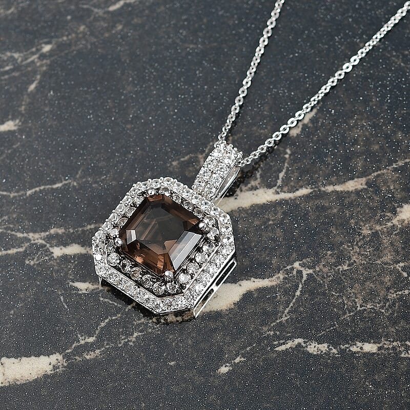 D'Joy Asscher Cut Columbianite and Multi Gemstone 5.70 ctw Art Deco Pendant Necklace 20 Inches in Rhodium Over Sterling Silver