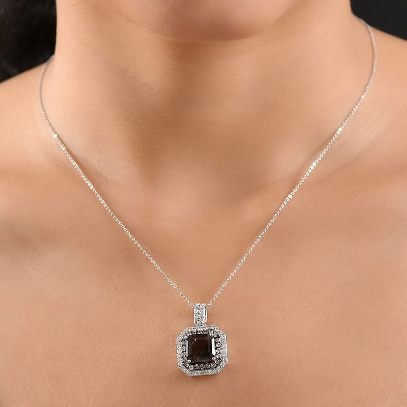 D'Joy Asscher Cut Columbianite and Multi Gemstone 5.70 ctw Art Deco Pendant Necklace 20 Inches in Rhodium Over Sterling Silver