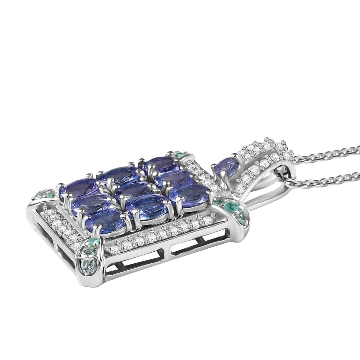 D'Joy Premium Tanzanite, Paraiba Tourmaline and Diamond 2.00 ctw 9 Planet Pendant Necklace in Rhodium Over Sterling Silver 20 Inches image number 3