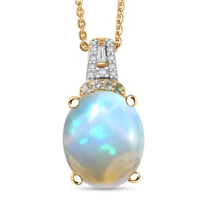 D'Joy Premium Ethiopian Welo Opal, Paraiba Tourmaline and Diamond 3.15 ctw Aurora Moon Pendant Necklace in 18K Vermeil Yellow Gold Over Sterling Silver 20 Inches