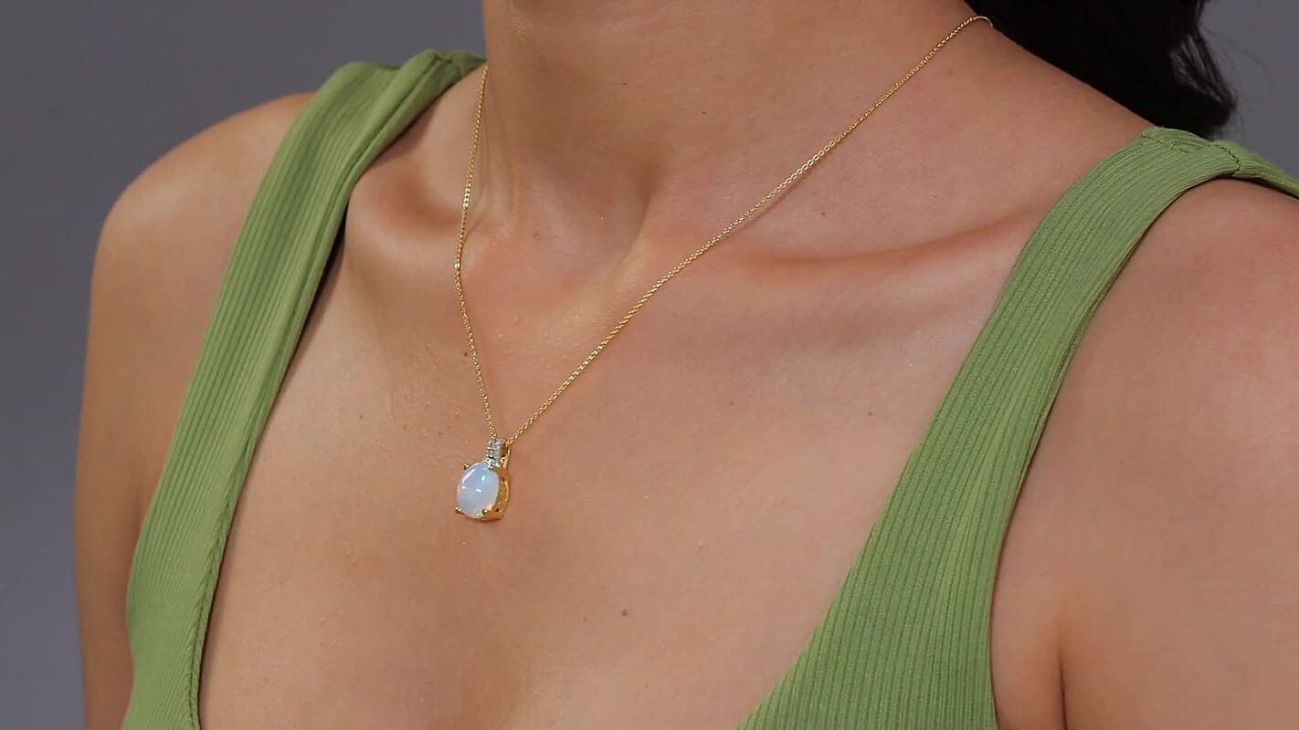 D'Joy Premium Ethiopian Welo Opal, Paraiba Tourmaline and Diamond 3.15 ctw Aurora Moon Pendant Necklace in 18K Vermeil Yellow Gold Over Sterling Silver 20 Inches