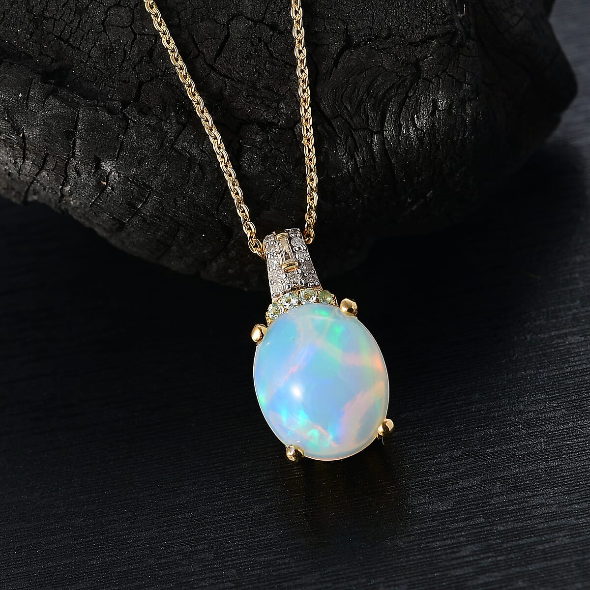 D'Joy Premium Ethiopian Welo Opal, Paraiba Tourmaline and Diamond 3.15 ctw Aurora Moon Pendant Necklace in 18K Vermeil Yellow Gold Over Sterling Silver 20 Inches image number 1