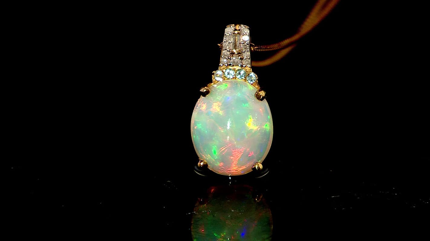 D'Joy Premium Ethiopian Welo Opal, Paraiba Tourmaline and Diamond 3.15 ctw Aurora Moon Pendant Necklace in 18K Vermeil Yellow Gold Over Sterling Silver 20 Inches