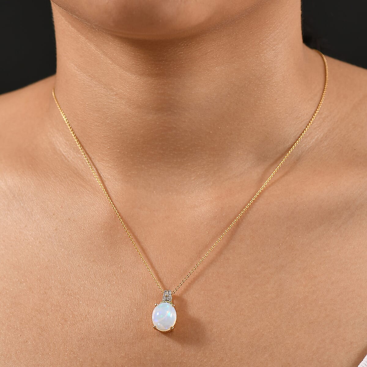 D'Joy Premium Ethiopian Welo Opal, Paraiba Tourmaline and Diamond 3.15 ctw Aurora Moon Pendant Necklace in 18K Vermeil Yellow Gold Over Sterling Silver 20 Inches image number 2