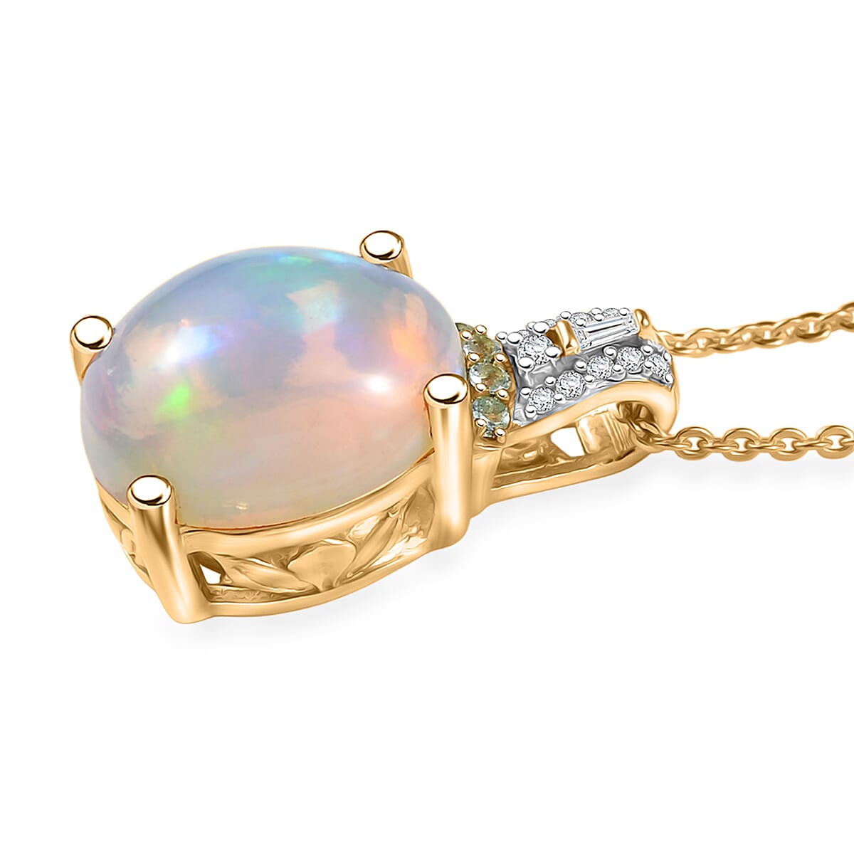 D'Joy Premium Ethiopian Welo Opal, Paraiba Tourmaline and Diamond 3.15 ctw Aurora Moon Pendant Necklace in 18K Vermeil Yellow Gold Over Sterling Silver 20 Inches image number 3