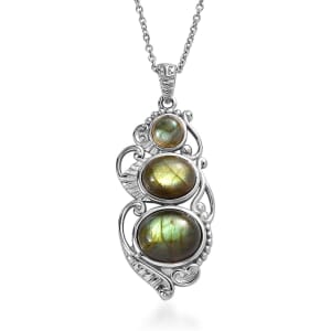 Madagascar Fire Labradorite 8.30 ctw Solitaire Pendant Necklace in Stainless Steel 20 Inches