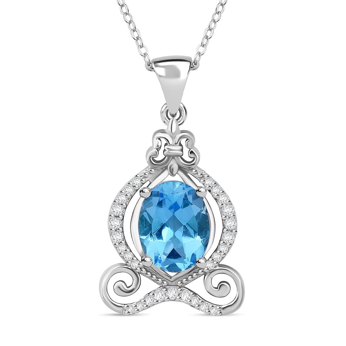 Swiss Blue Topaz and White Zircon 2.40 ctw Pendant Necklace (18 Inches) in Rhodium Over Sterling Silver