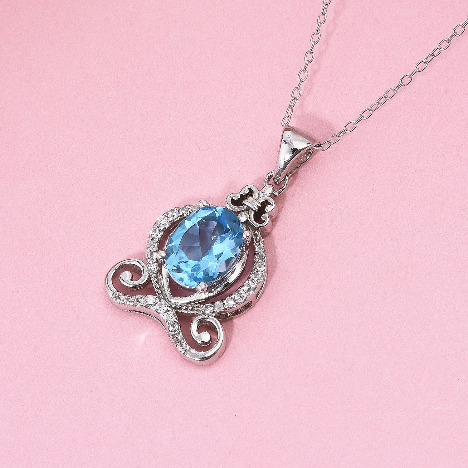 Swiss Blue Topaz and White Zircon 2.40 ctw Pendant Necklace (18 Inches) in Rhodium Over Sterling Silver
