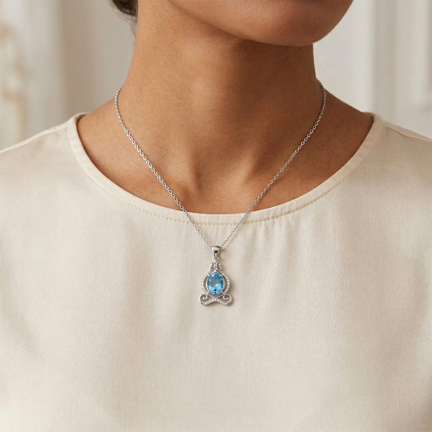 Swiss Blue Topaz and White Zircon 2.40 ctw Pendant Necklace (18 Inches) in Rhodium Over Sterling Silver