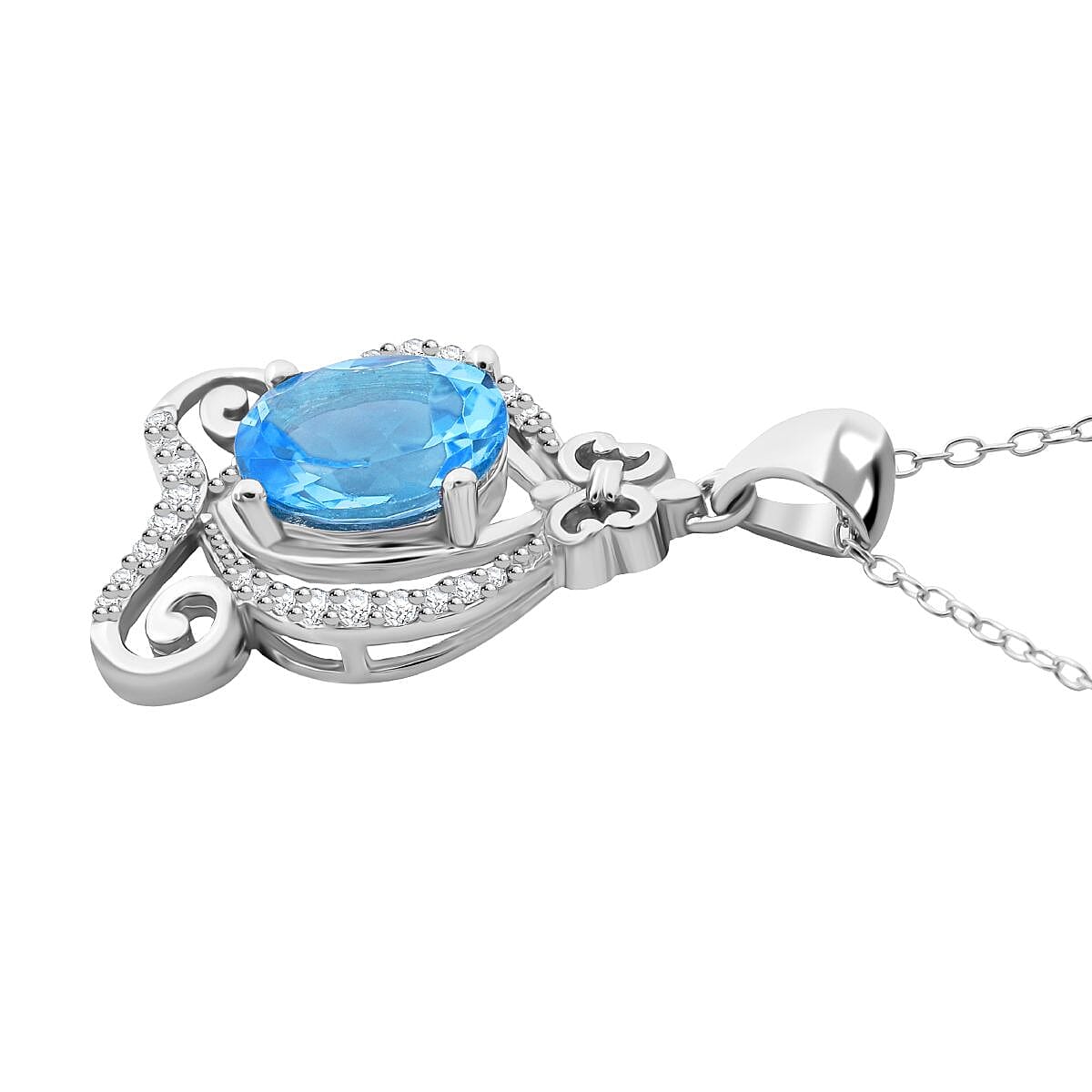 Swiss Blue Topaz and White Zircon 2.40 ctw Pendant Necklace (18 Inches) in Rhodium Over Sterling Silver